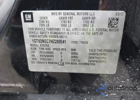 2017 GMC Sierra 1500 Slt from USA, damaged, VIN 1GTV2NEC7HZ280541